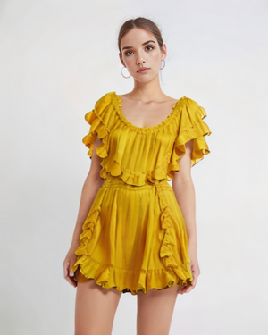 FAVLUX Yellow Off the Shoulder Smocked Yellow Ruffle Mini Dress